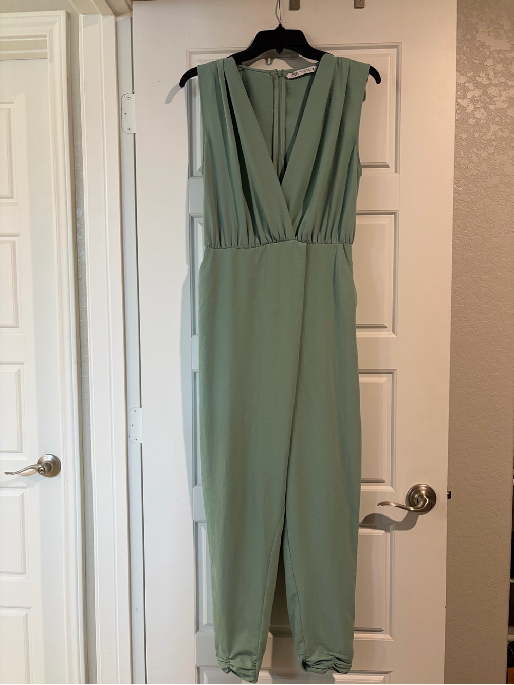 Zara | Sleeveless V-Neck Sage Green Jumpsuit with Gathered Leg Hem | Sz XS